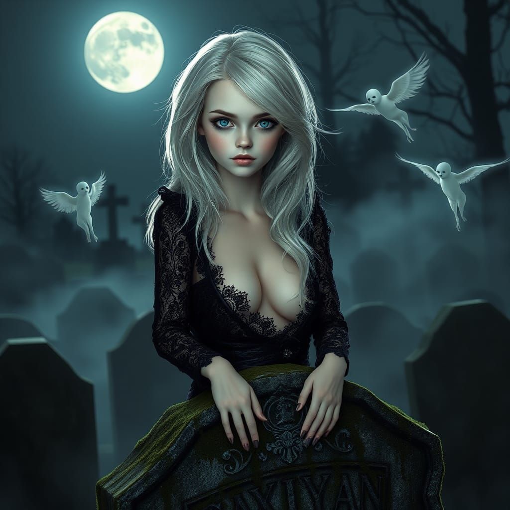 Ethereal Woman in Gothic Cemetery, Hyperrealistic Splash Art