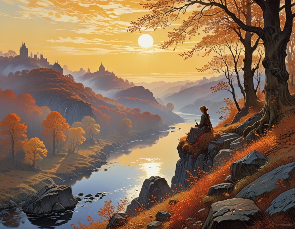 Autumn Morning Valley Landscape in Intricate Art Nouveau Sty...