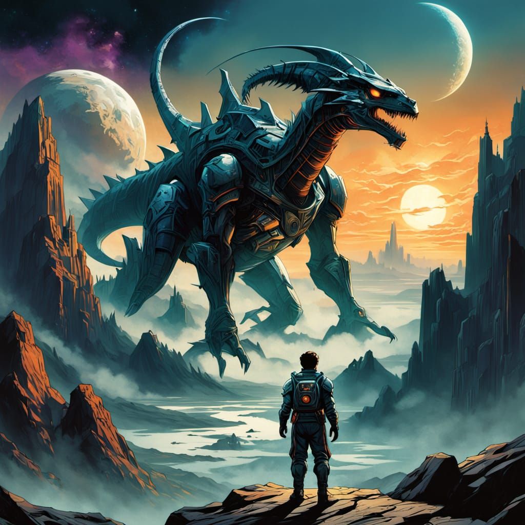 Astronaut Amidst Cosmic Ruins in Deep Blues and Purples