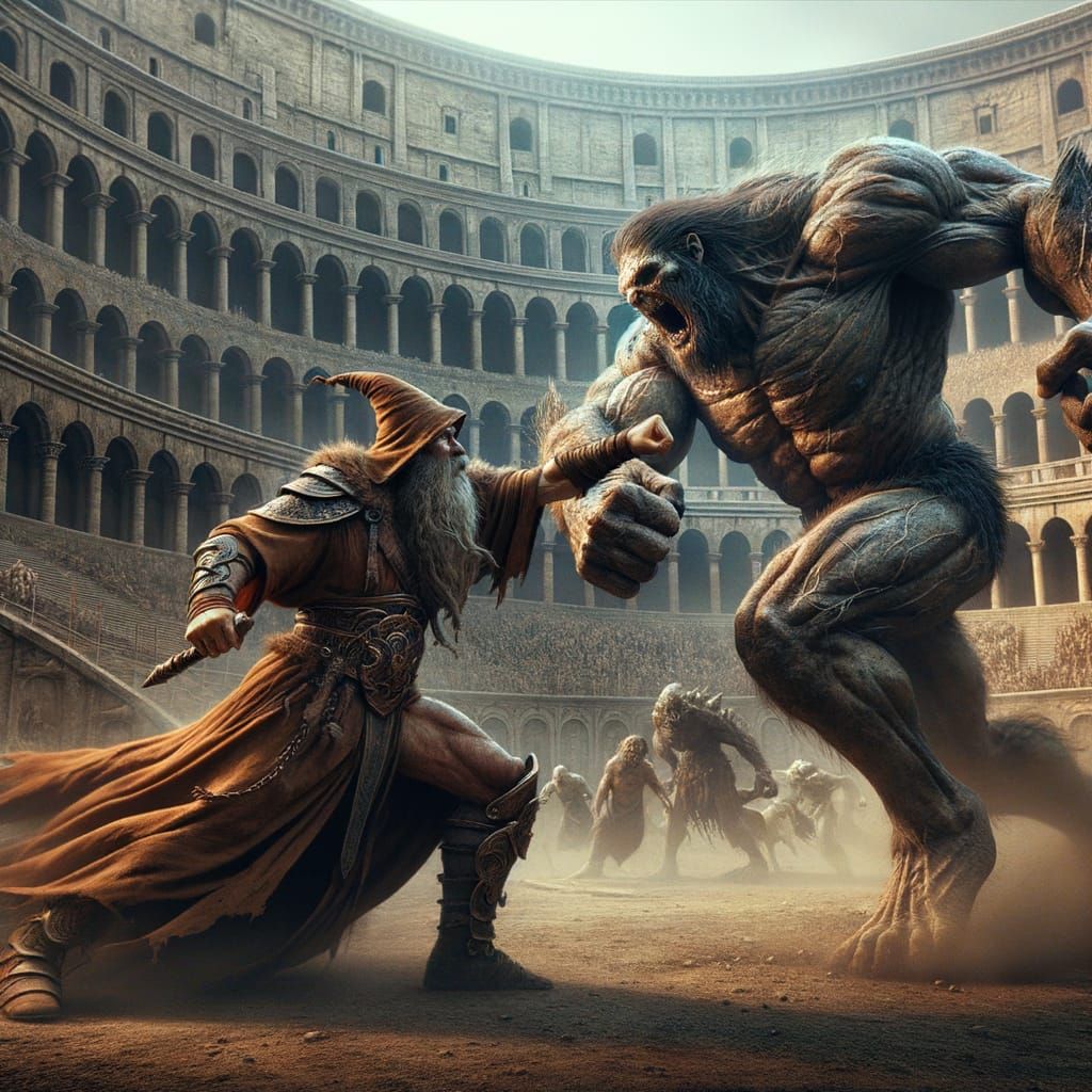 Epic Fantasy Battle Within Ancient Roman Colosseum