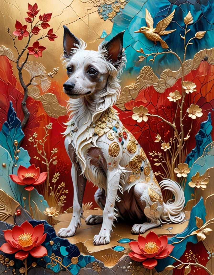 Chinese Crested Dog with Duckling in Surrealist Painting