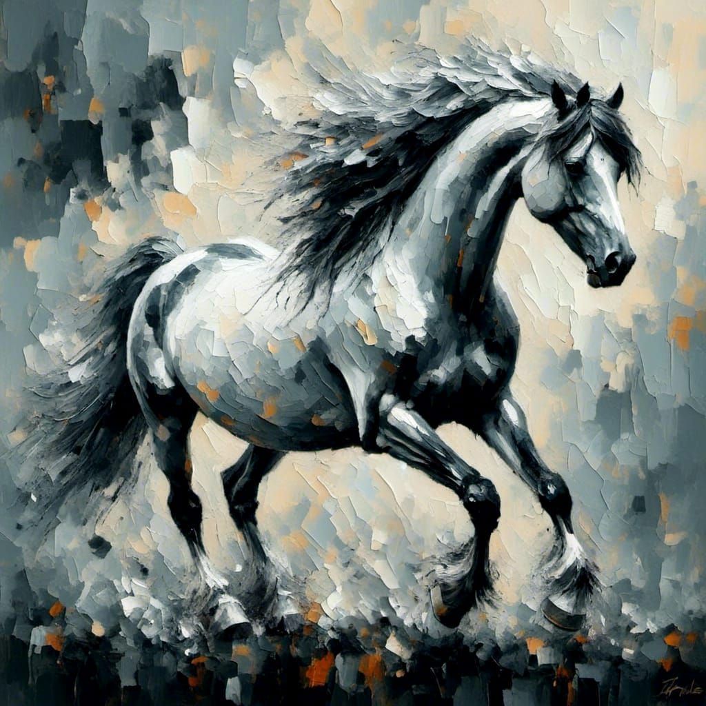 Wild Horse in Open Field: Oil and Grunge Style