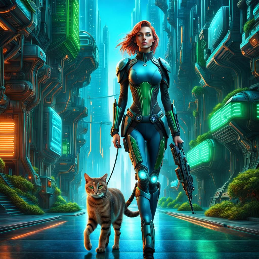 Cyborg Girl and Cat in Sci-Fi City
