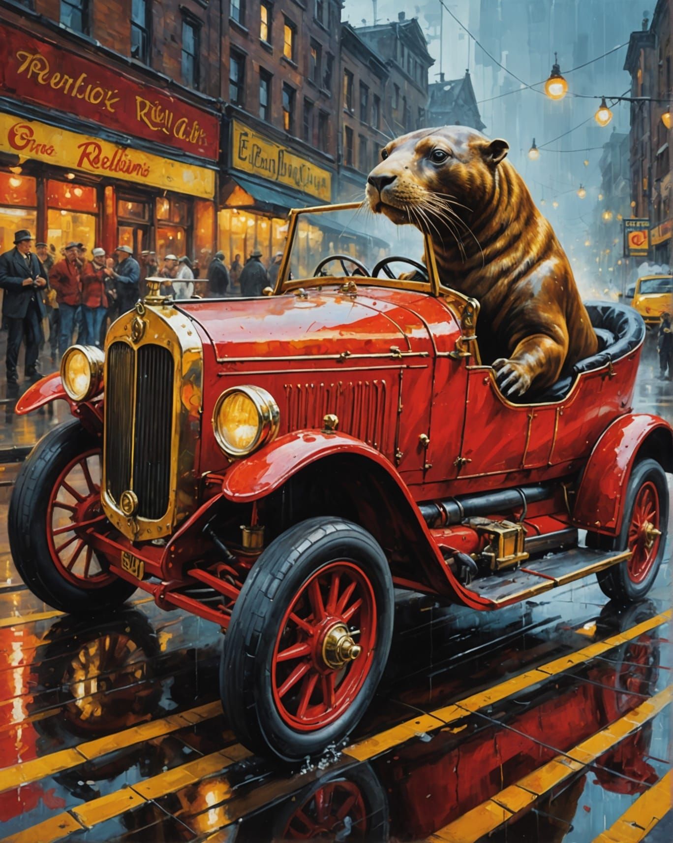 Steampunk Sea Lion Circus in Racing Car, Oil Painting