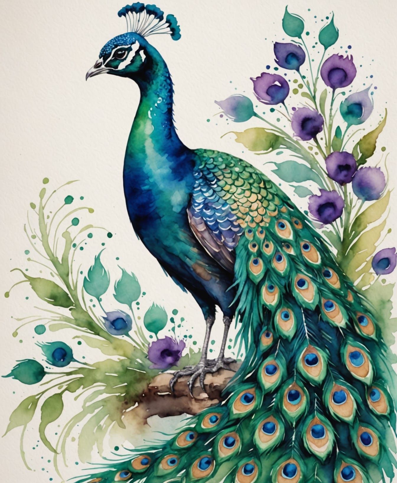 Ethereal Watercolor Peacock in Iridescent Hues