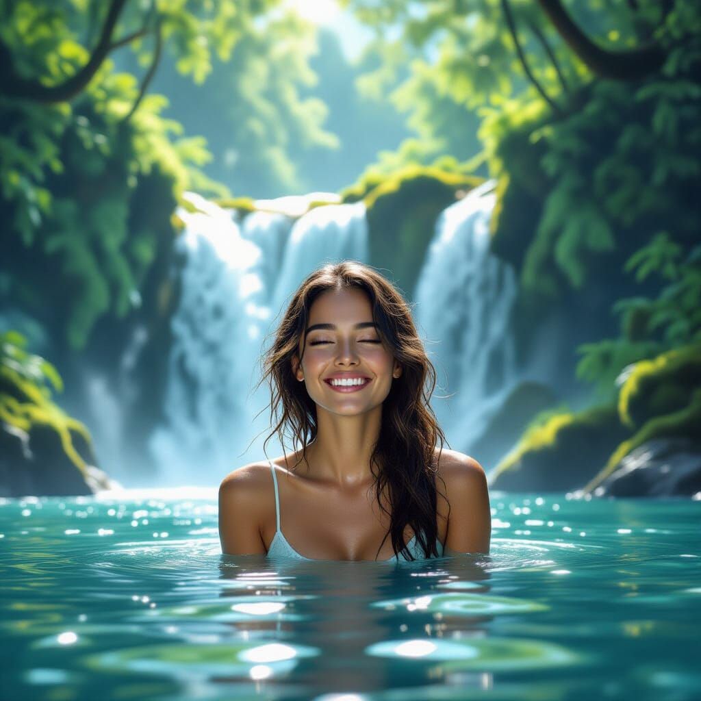Joyful Woman Smiling Under Waterfall in Wild Nature