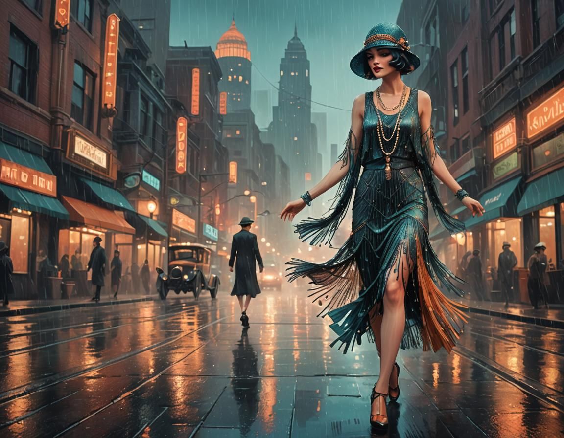 Art Deco Flapper Girl in Rainy City Street