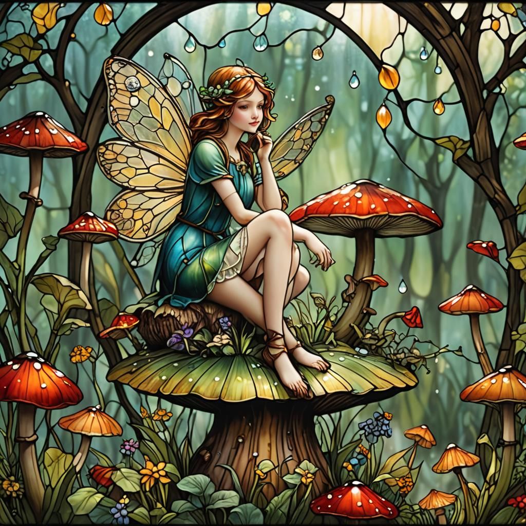 Stained Glass Fairy on Mushroom with Dew Drops