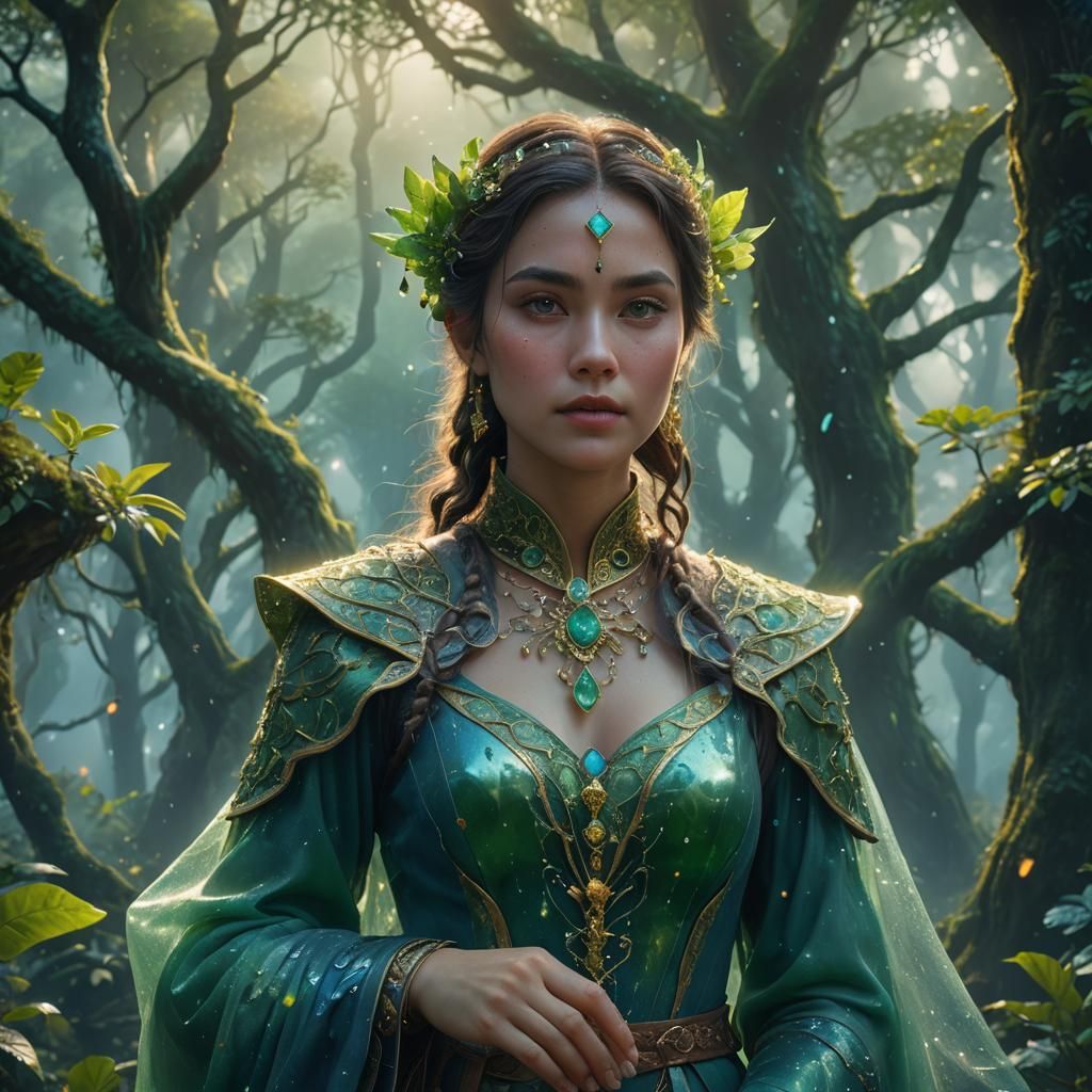 Woman with Jade in Magical Forest: Art Nouveau