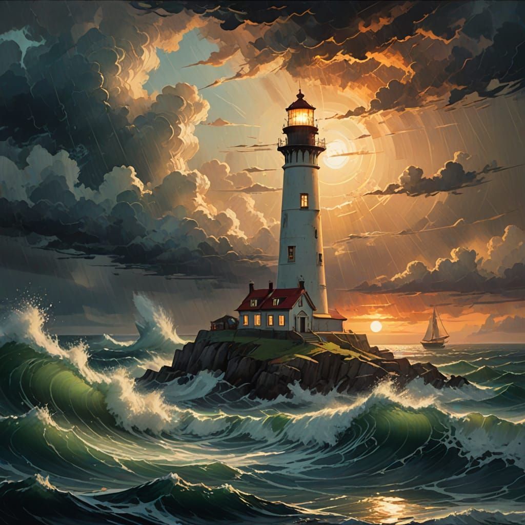 Epic Sunset Lighthouse in a Stormy Sea, Oil Painting Style