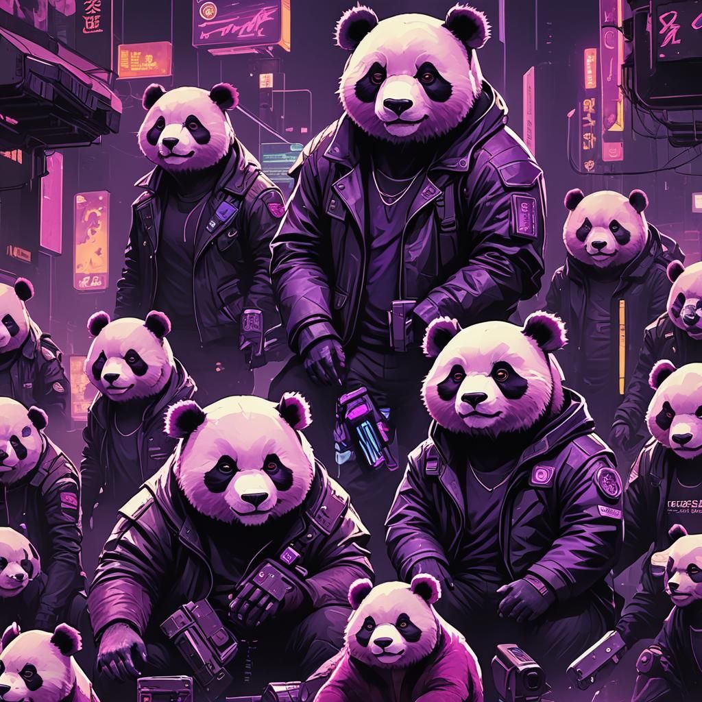 Purple Panda in Cyberpunk Neon Cityscape