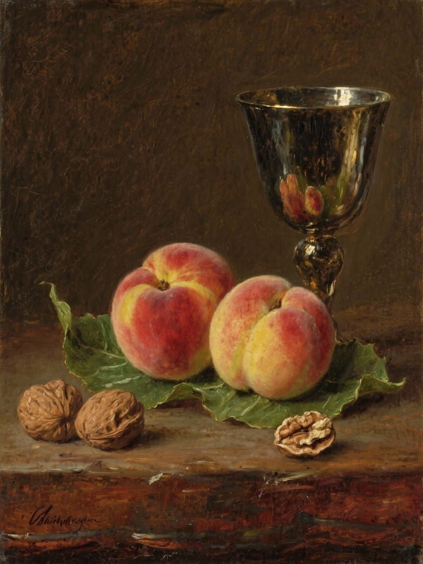 Classical Oil Painting of Ripe Peaches and Goblet