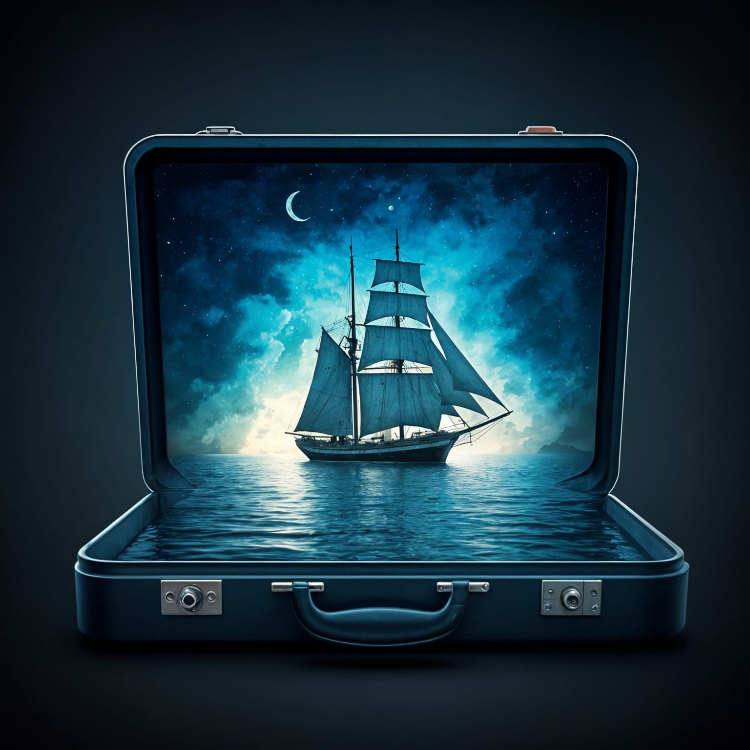 Whimsical Briefcase with Sailboat Scene in Watercolor Style