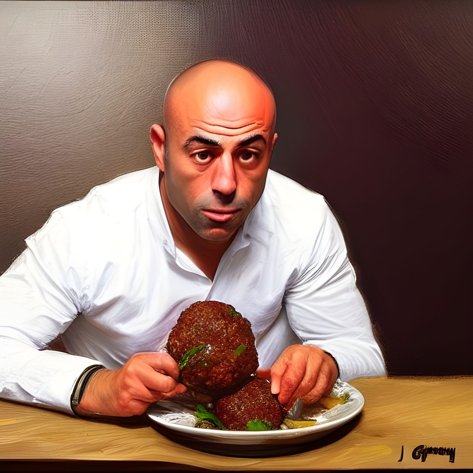 Person Eating Meatballs as Oil Painting