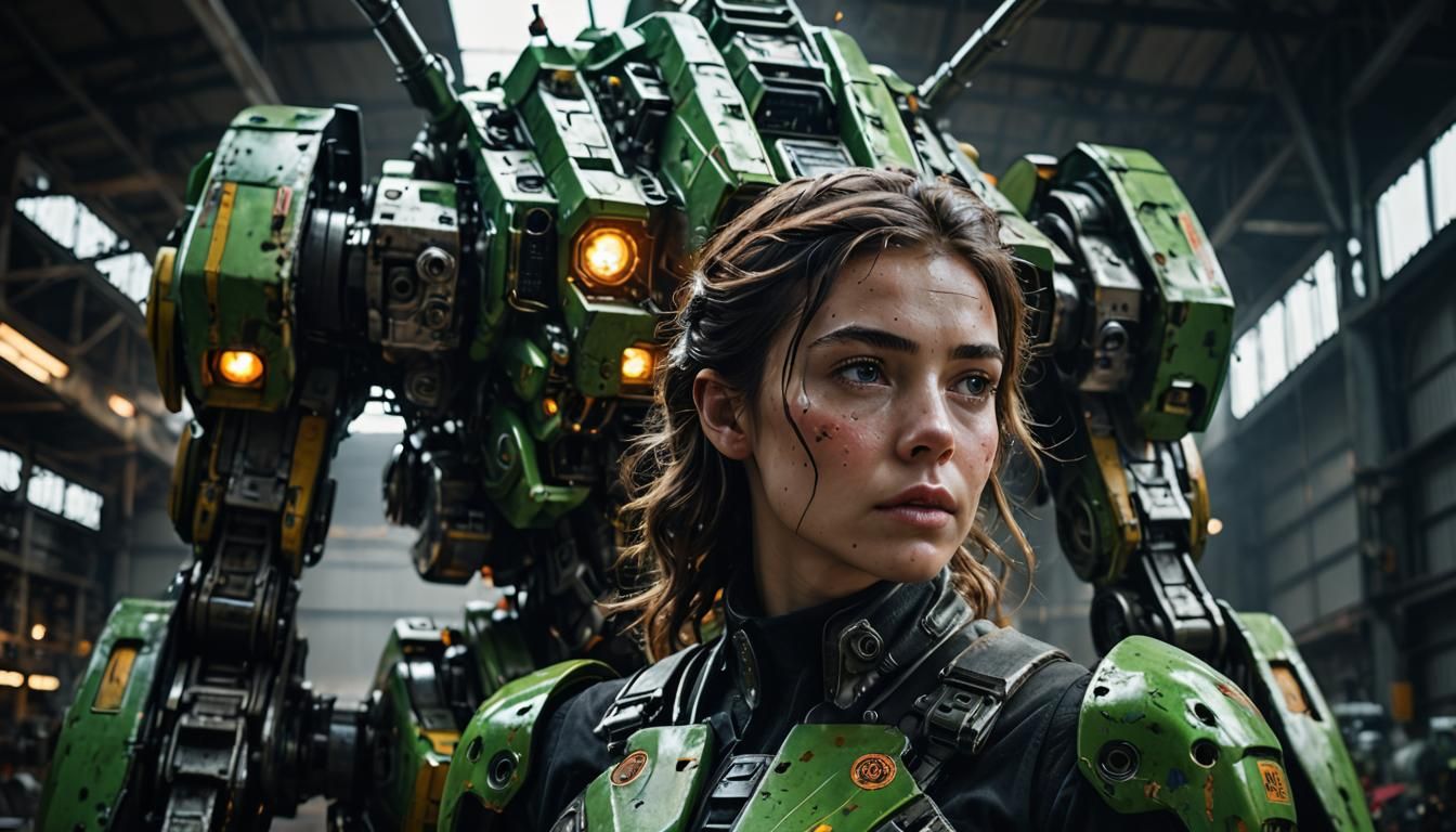 Woman Repairs Mecha Warrior in Leaking Hangar