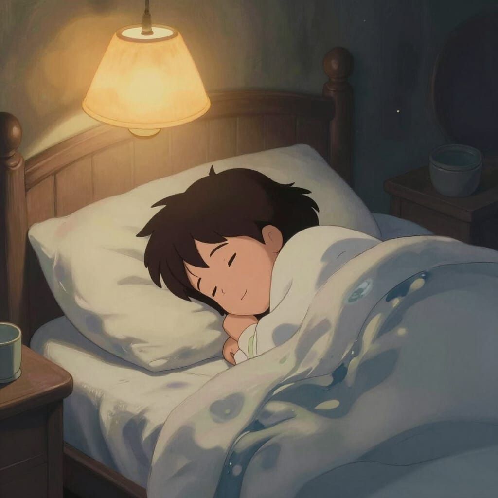 Peaceful Bedroom Scene at Night, Dreamlike Style