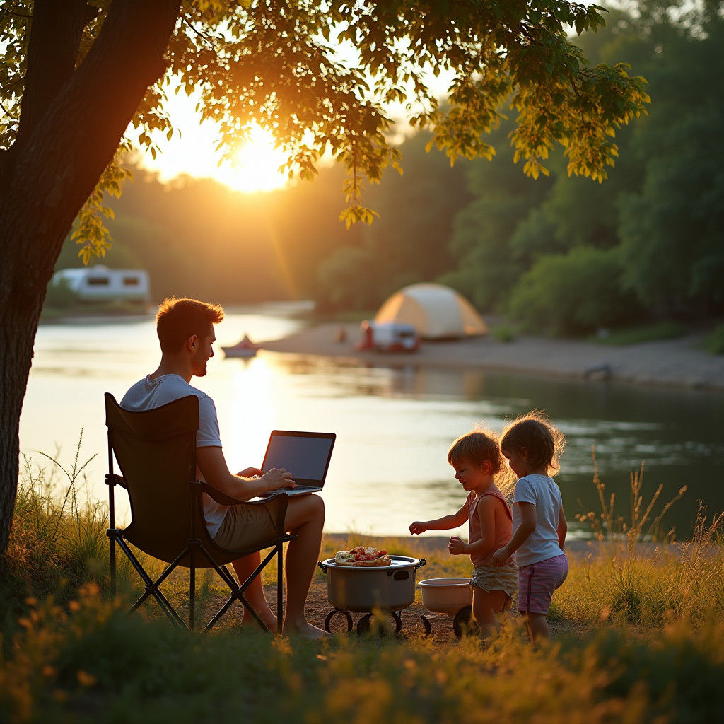 Work-Life Balance: Riverside Camping Scene in Golden Light