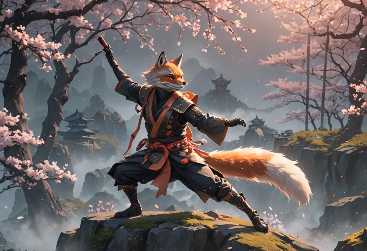 Anime Fox Ninja Surrounded by Cherry Blossoms in Ethereal Li...