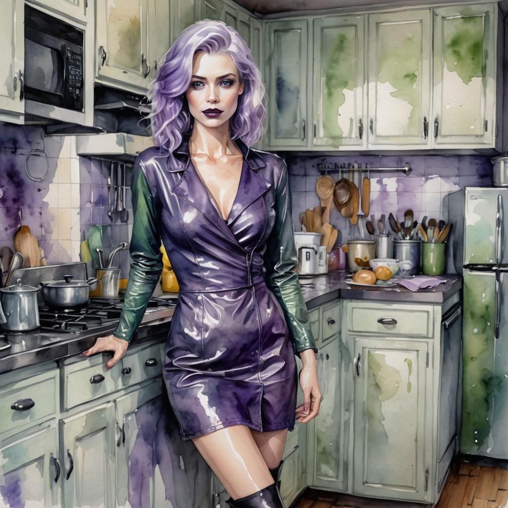 Beautiful Woman with Purple Lips in Watercolor Fantasy