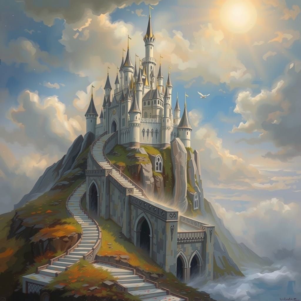 Crystal Castle in Swirling Clouds: Impressionist Fantasy