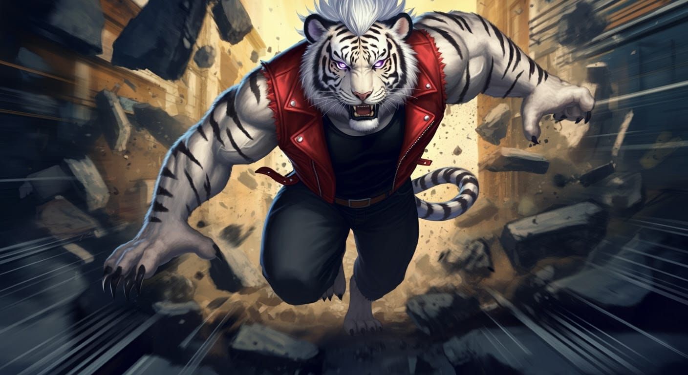 Anthropomorphic Tiger Man in 90s Anime Action Scene