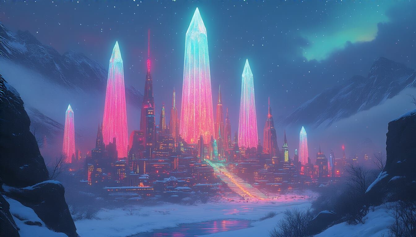 Winter Lemurian Cityscape with Neon Crystal Spires