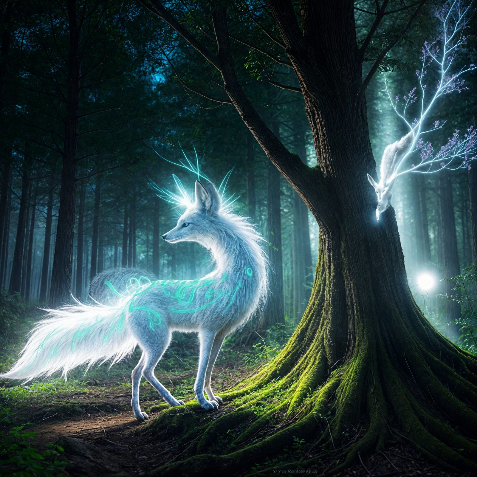 Nine-Tailed Fox with Glowing Aura in Forest