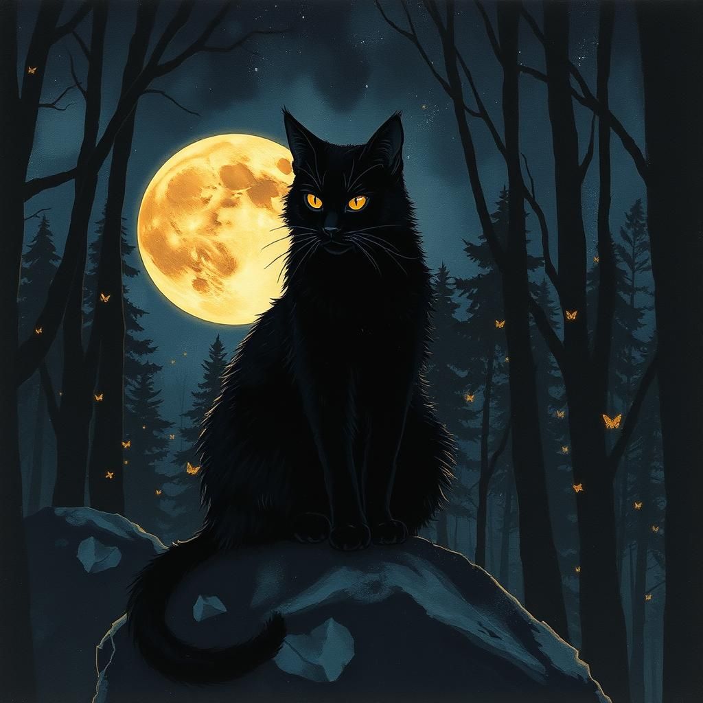 Epic Black Cat in Dark Forest Watercolor