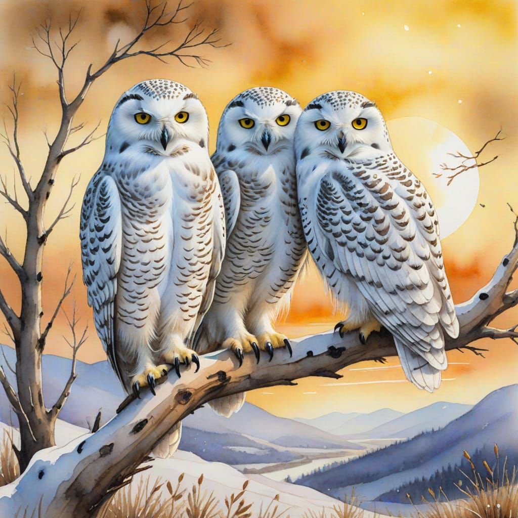 Snowy Owls on Branch in Wet-on-Wet Watercolour