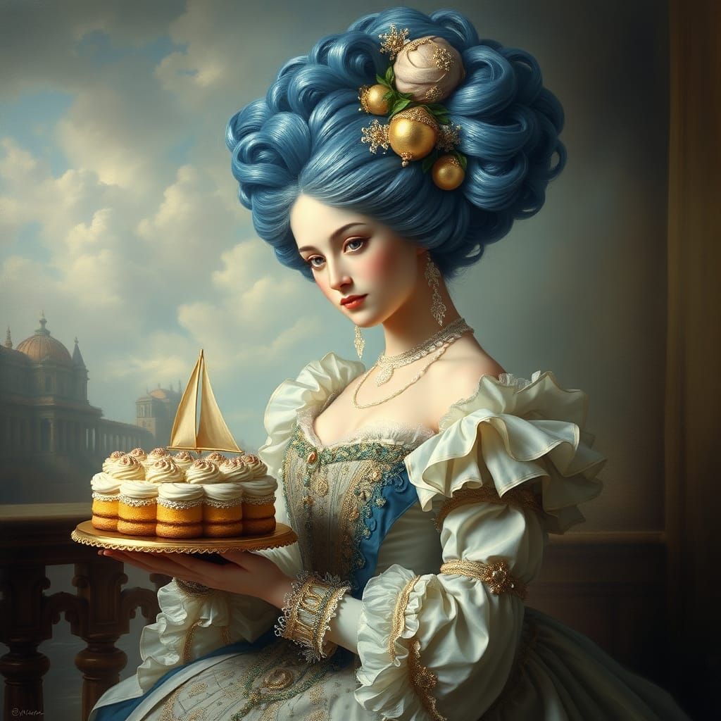 Marie Antoinette with Cake in Ethereal Fantasy Style