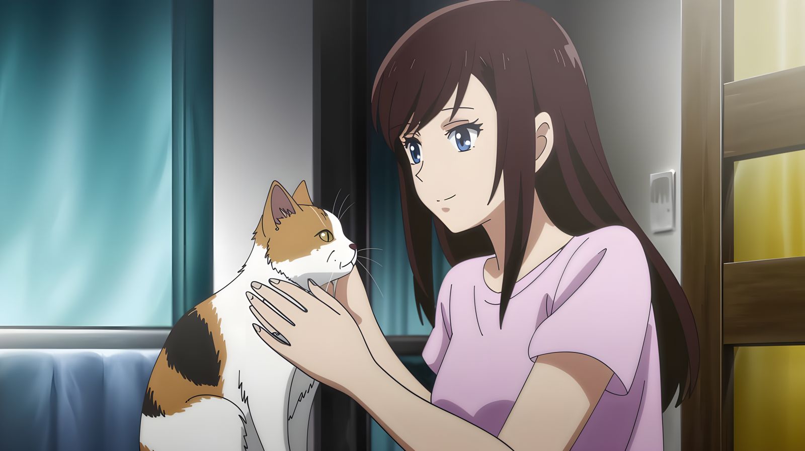 Anime Girl Petting Her Calico Cat