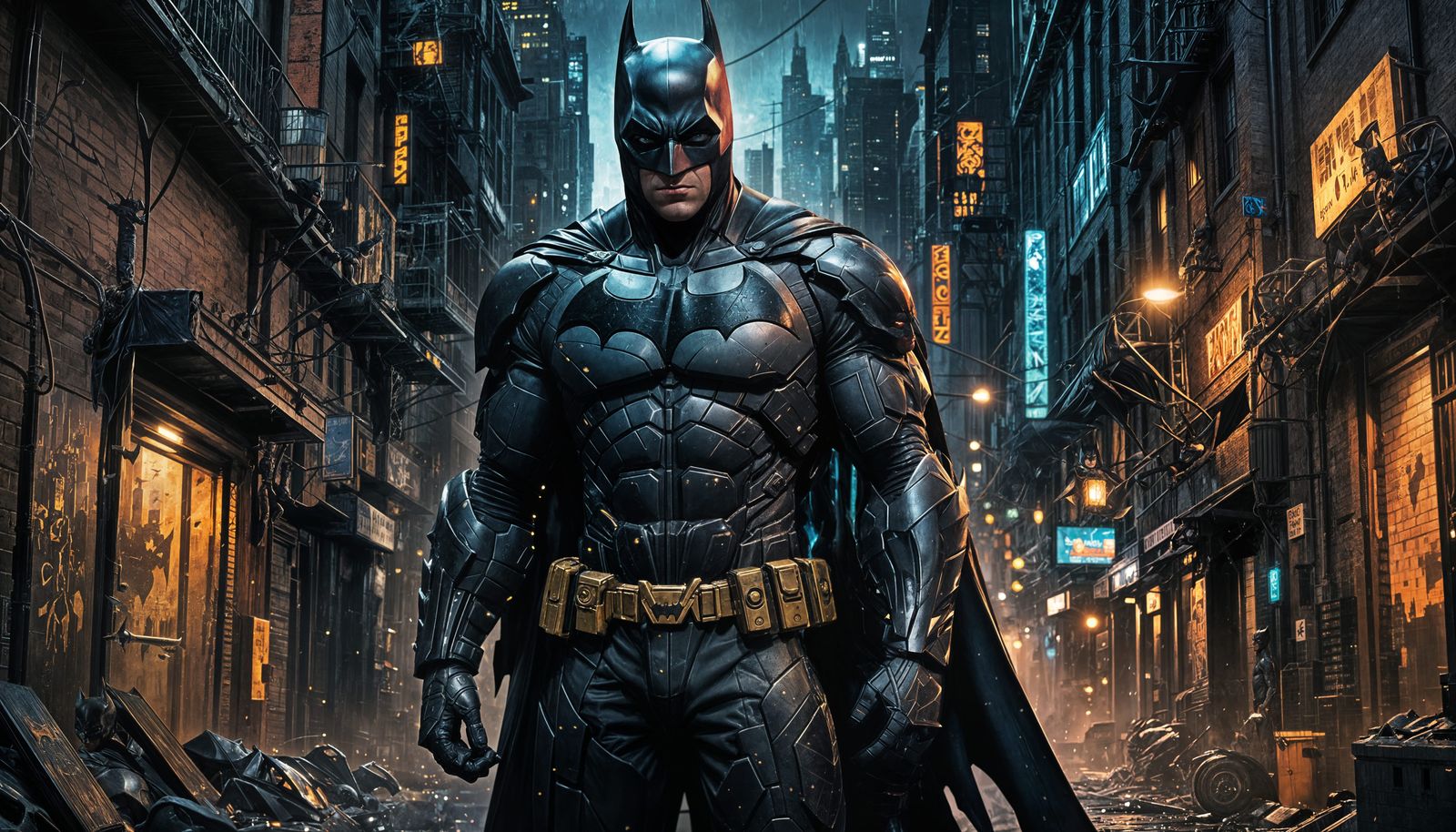 Hyperrealistic Batman in Gotham City Splash Art