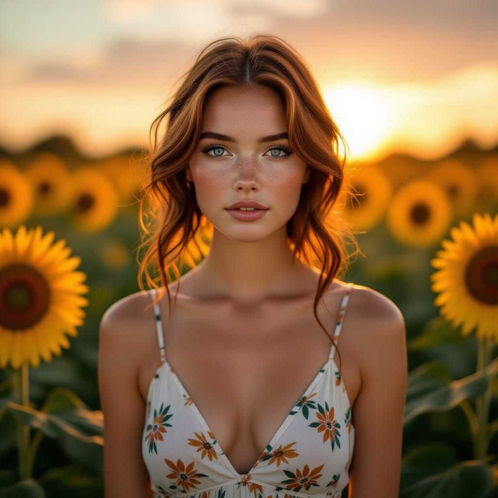 Auburn Beauty in Sunflower Field at Twilight