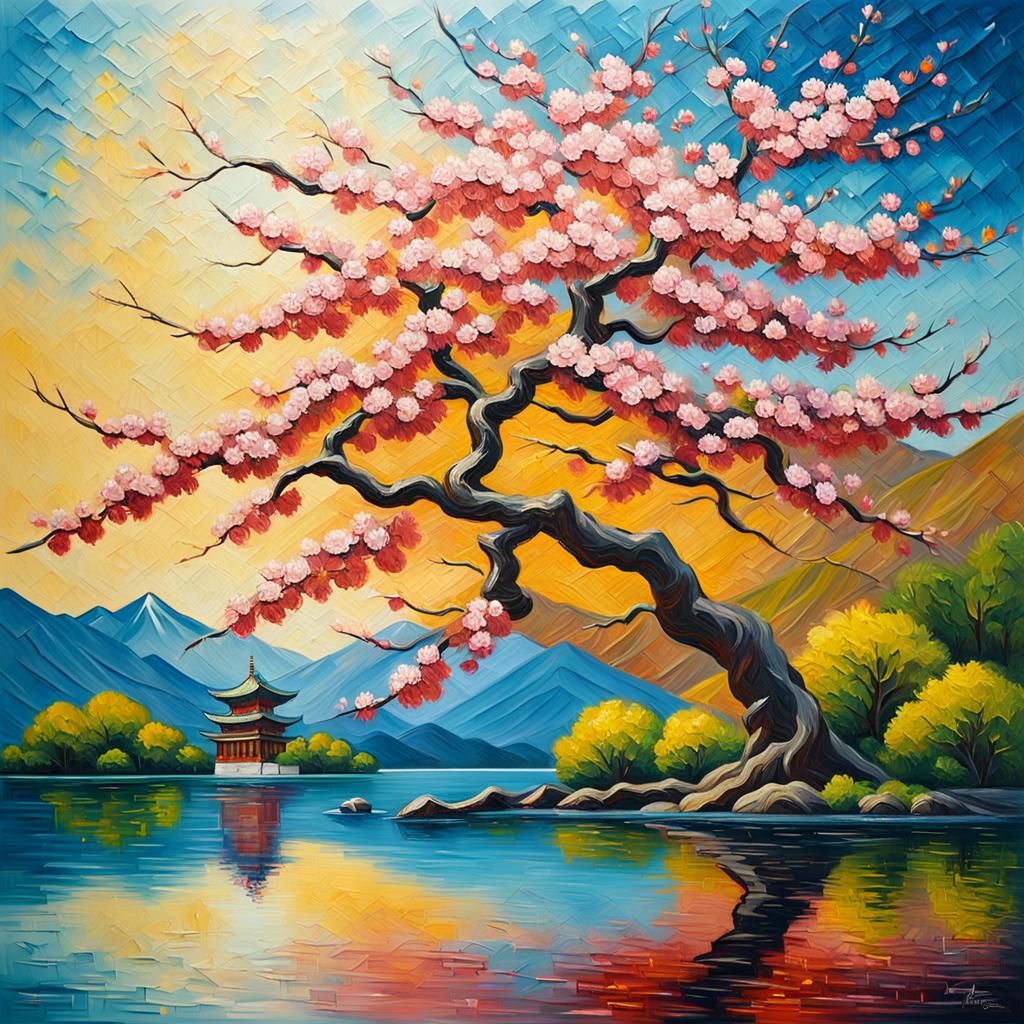 Sakura Tree by Lake as Impasto Oil Painting