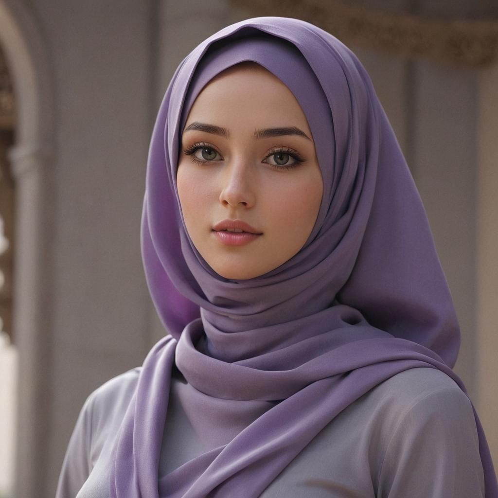 Elegant Woman in Purple Hijab: 3D Anime Art