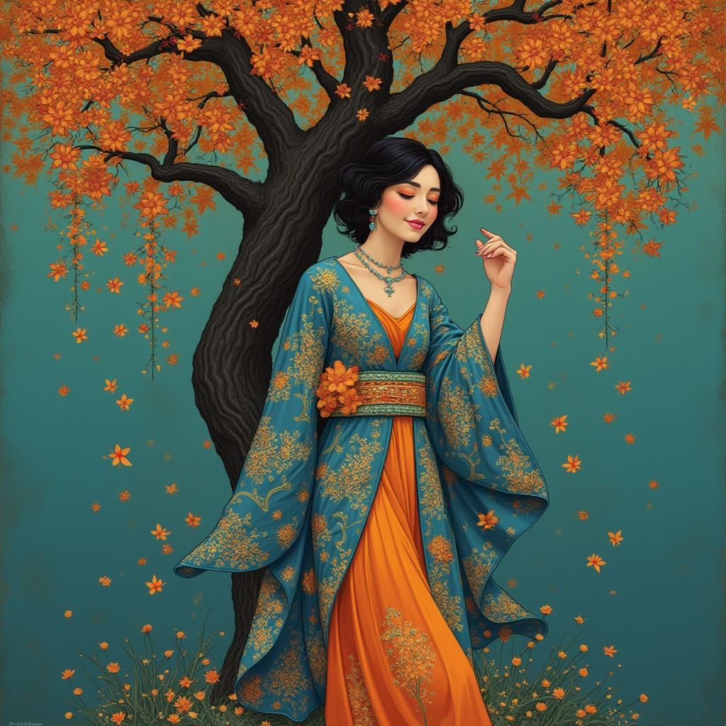 Elegant Woman in Kimono by Majestic Tree, Art Nouveau Style