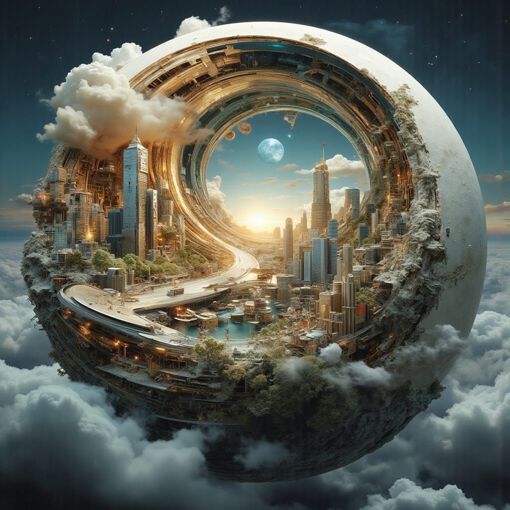 Surreal Dreamscape Cityscape on Crescent Moon