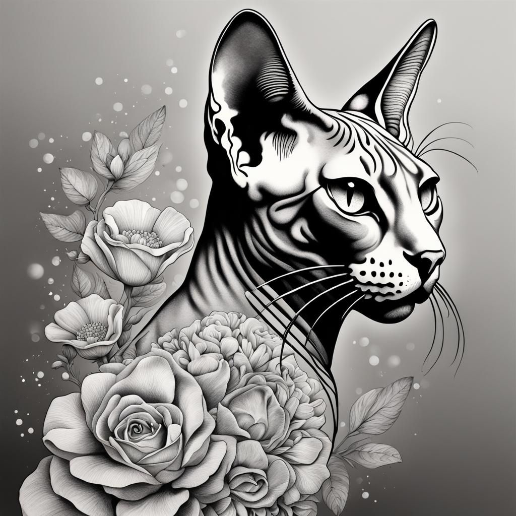 Detailed Sphynx Cat Tattoo Design in Black and White