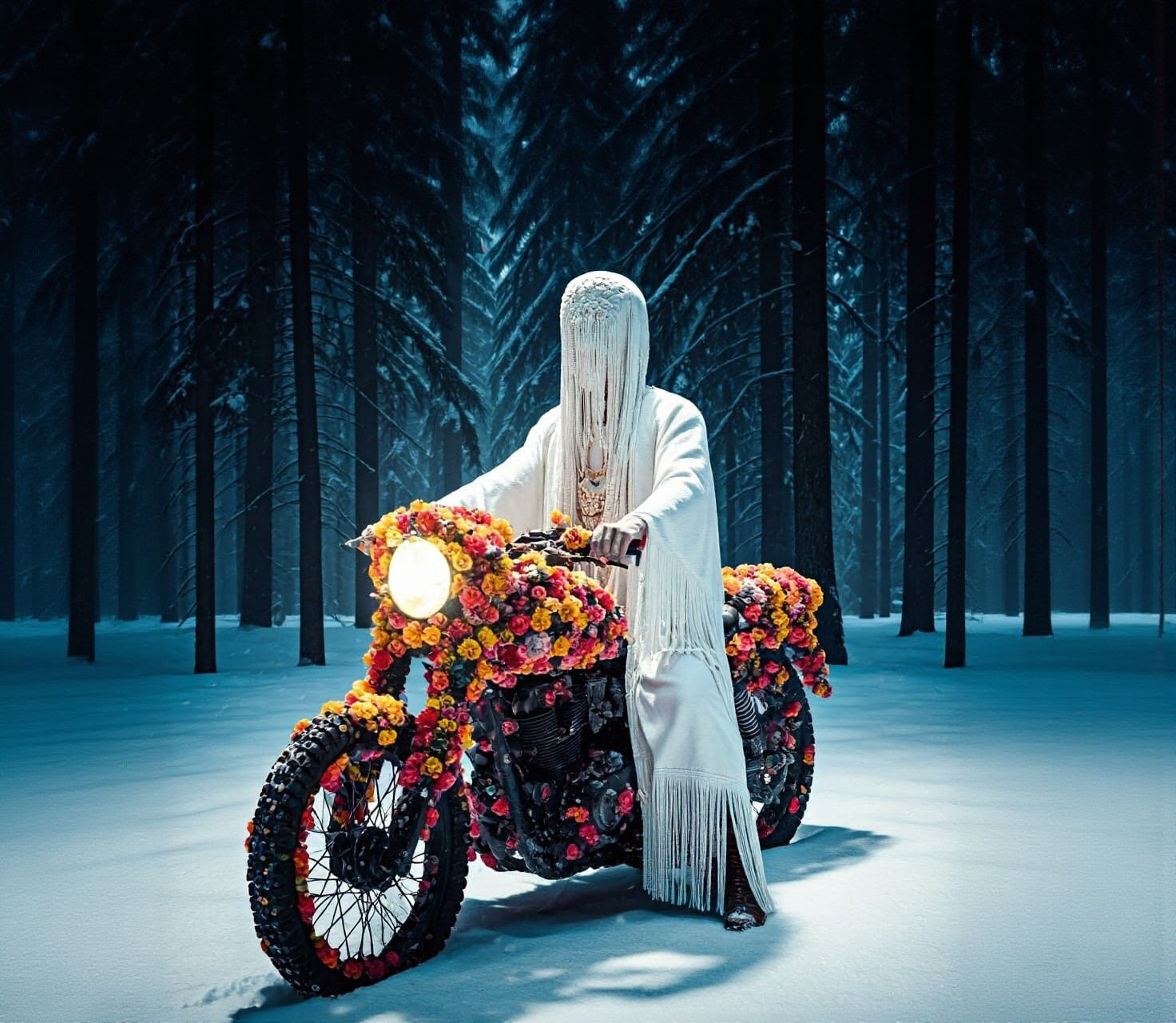 Figure on Flower Motorcycle in Snowy Forest