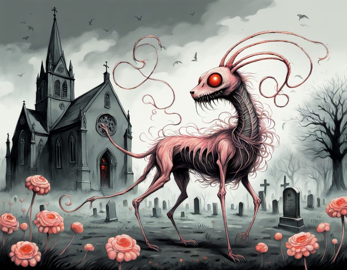 Horrifyingly Cute Cryptid in Kubin & Burton Style Cemetery