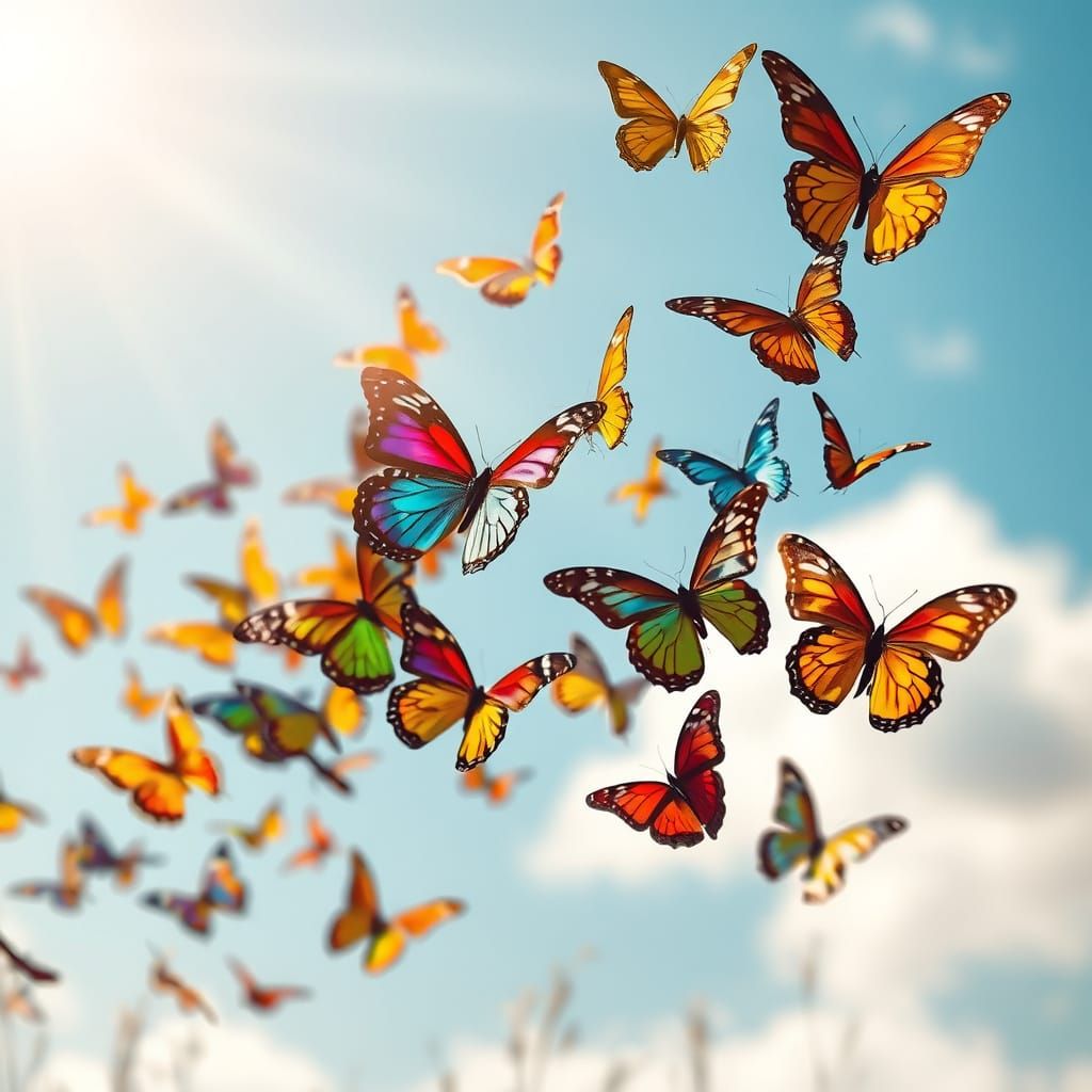 Surreal Rainbow of Iridescent Butterflies in Flight