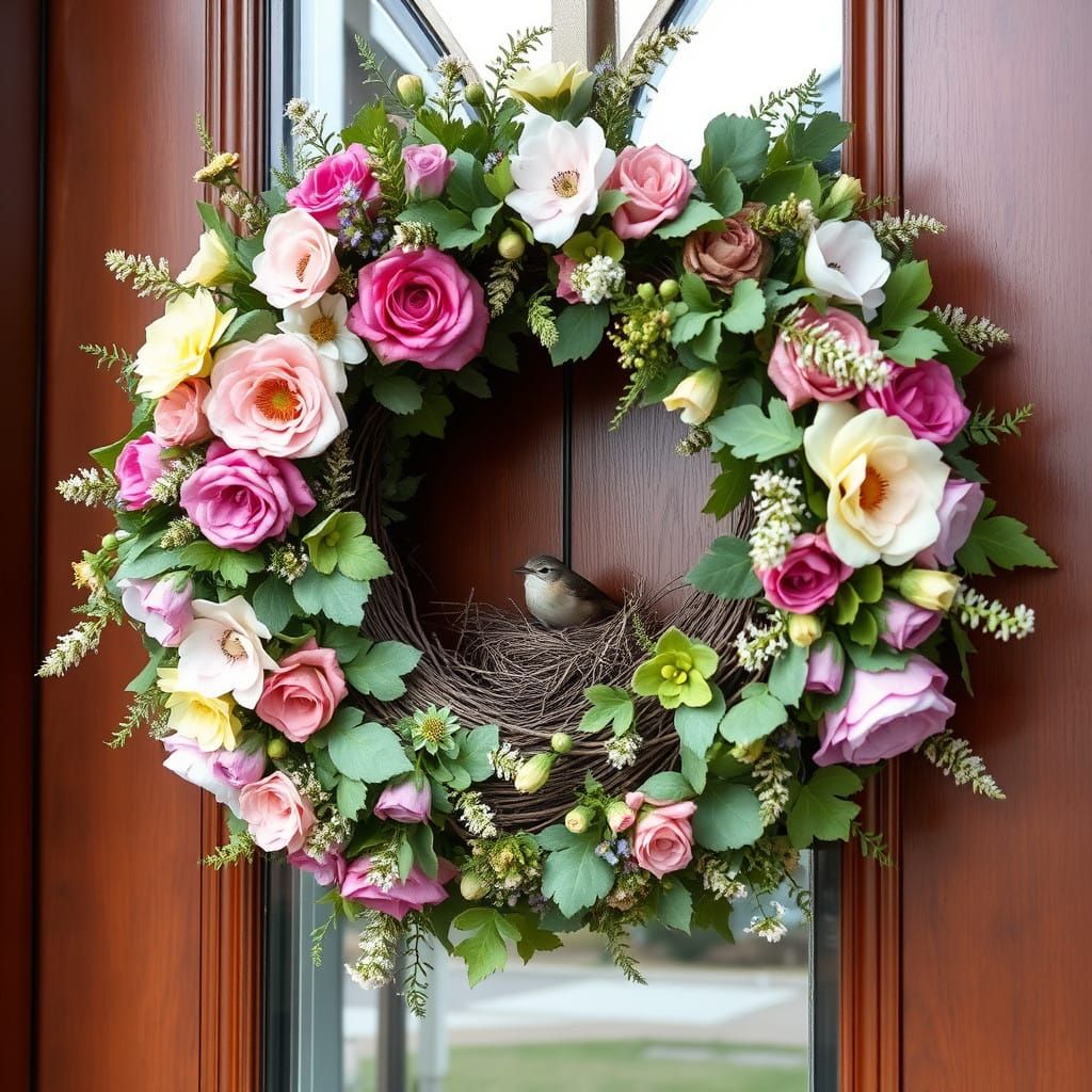 Gorgeous Floral Door Wreath with Hidden Bird Nest
