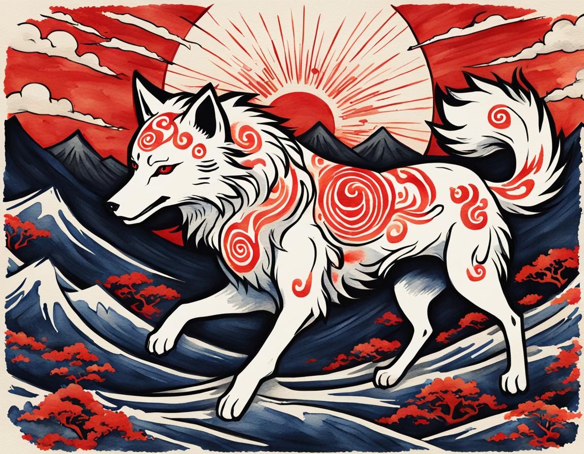 Amaterasu Okami in Woodcut Watercolor Style