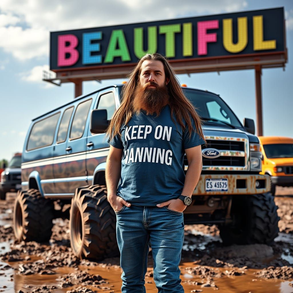 Man and Van in Gritty Digital Art Style