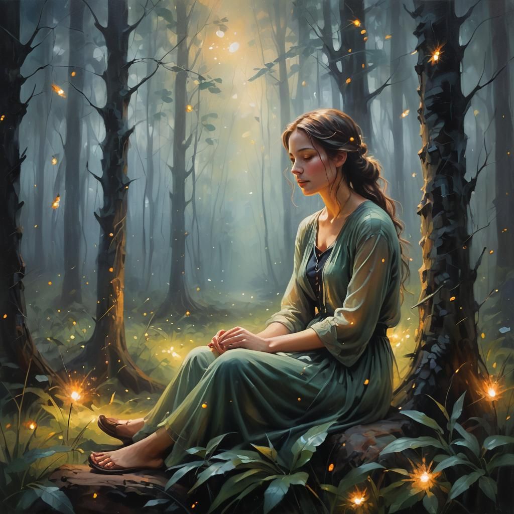 Romantic Oil Painting of Woman in Misty Forest