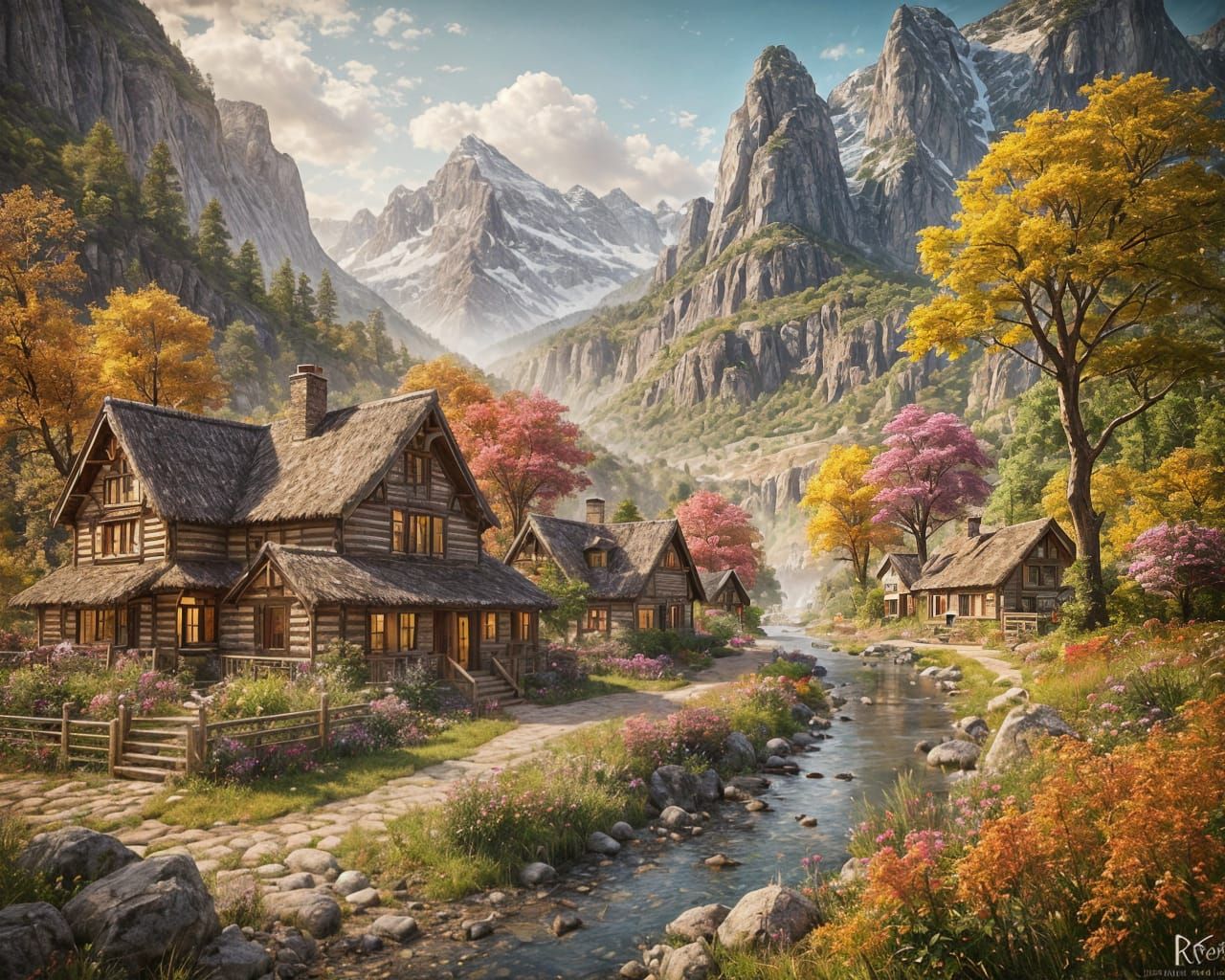 Picturesque Countryside Village: A Detailed Matte Painting