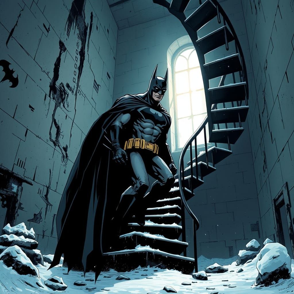 Batman Stealthily Descends Icy Staircase in Neo-Noir Comic S...
