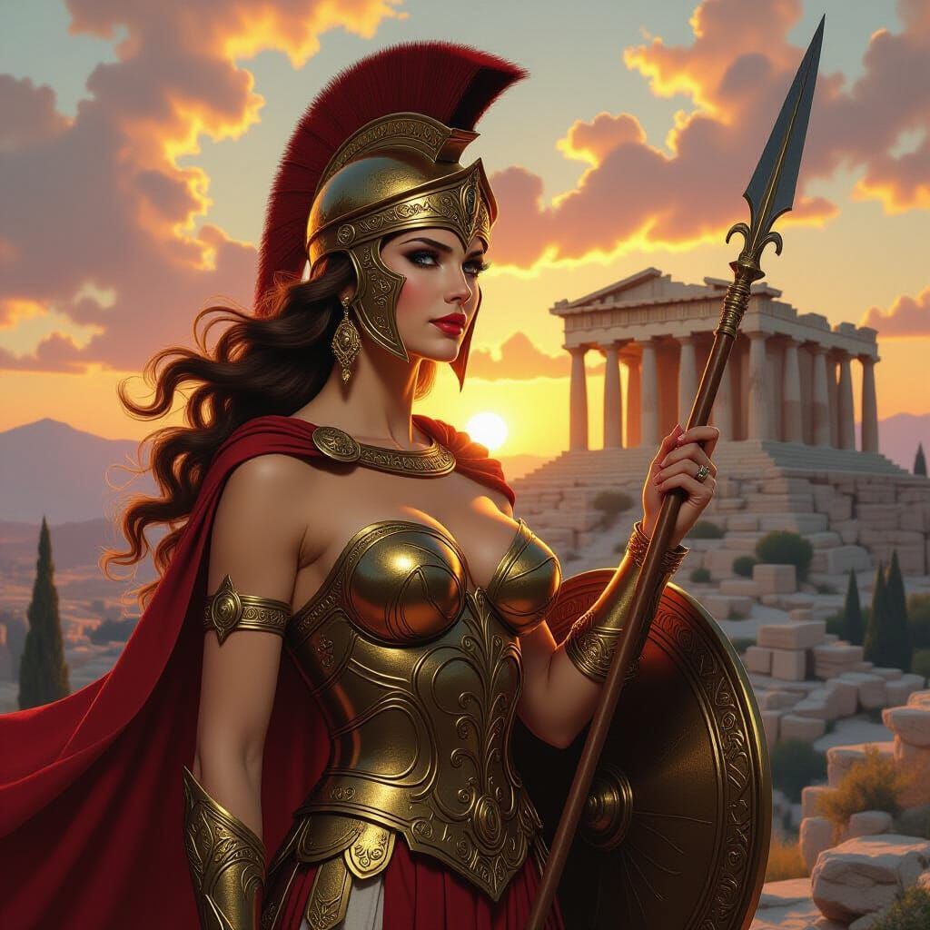 Goddess Athena, Protector of The City, in Epic Fantasy Art S...