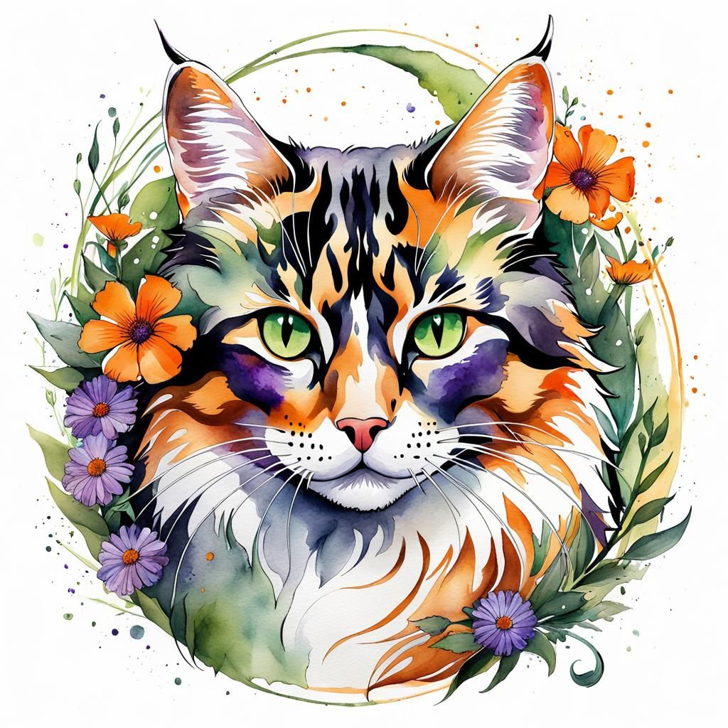 Calico Cat in Watercolor Flower Garden