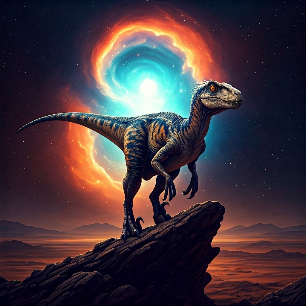 Utahraptor Silhouette Against Swirling Nebula
